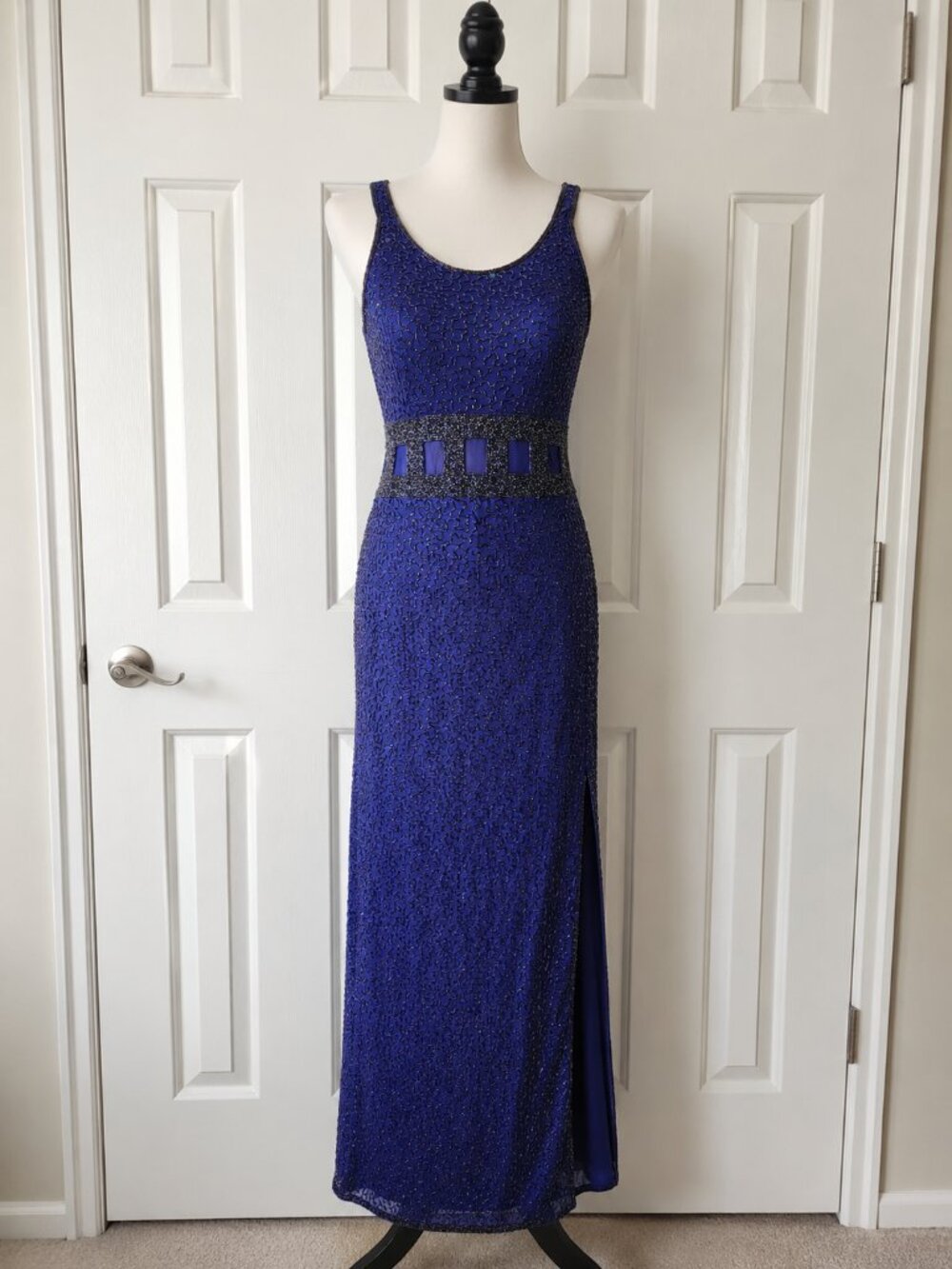 Vintage Andretta Donatello 100% Silk Beaded Evening Gown Blue Formal Dress sz LG